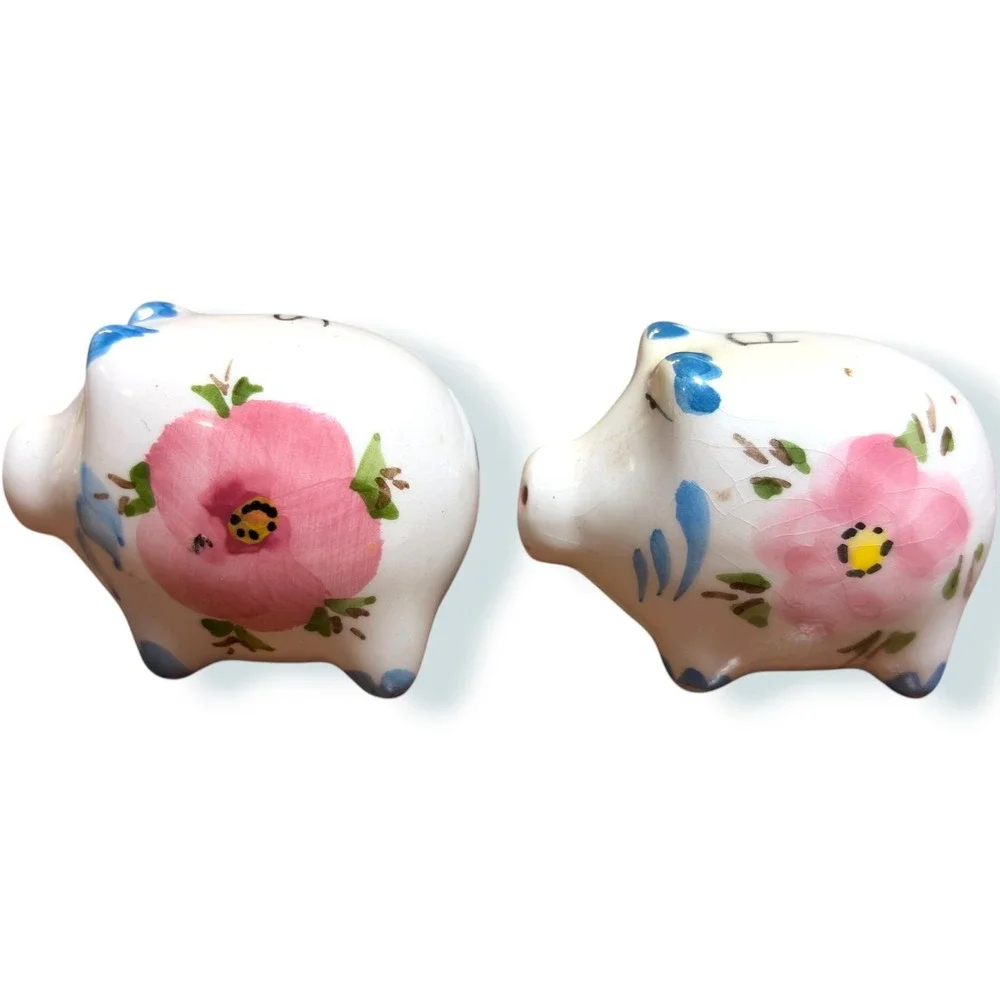 Vintage Style Micro Ceramic Piggy Salt and Pepper Shakers Pink Floral Set